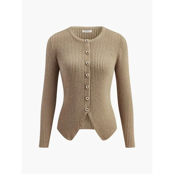 Commense Ribbed Knit Cardigan Gold Button Down Neutral Minimalist Sweater Size S - Picture 8 of 10